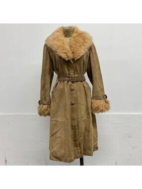 Vintage 1970s Tan Suede Afghan Trench Coat Mongolian Lamb Trim